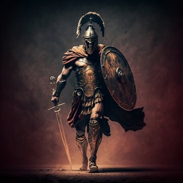 roman warrior, spartan with shield and sword
