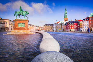 Copenhagen, Denmark. Christianborg Slotsplads and city downtown.