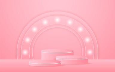 Multi-layered pink podium has a pink circular arch at the back for advertisement display. Display of cosmetic products. Stage or podium. vector illustration
