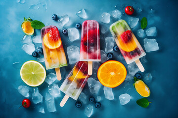 Healthy ice popsicles with fresh fruits on blue background. Generative AI illustration