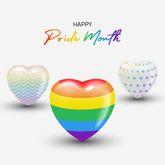 Happy pride month LGBTQ template and background with 3d rainbow heart minimalist style.