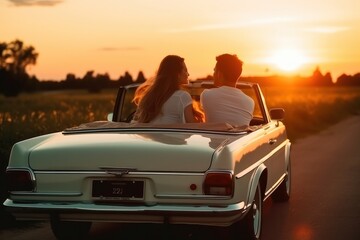 Fototapeta na wymiar back view of Traveling by car - happy couple in love go by cabriolet car in sunset time - Generative AI