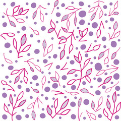 Floral print. Bright pink and purple leaves drawn on a tablet on a white background. Vector ornament. Suitable for printing on paper, fabric, invitations and postcards. For creativity.