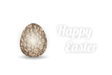 Easter egg with coffee texture and Happy Easter text standing on a plain white background, with Typography for Greeting Card, Party Invitation, banners, decoration