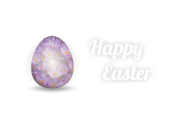 Easter egg with crocus texture and Happy Easter text standing on a plain white background, with Typography for Greeting Card, Party Invitation, banners, decoration
