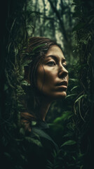 Dreamlike portrait of a person blending harmoniously with a lush, fantastical forest