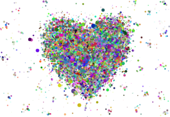 big heart made from colorful confetti on white, dots, circles, top view