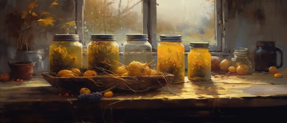 Obraz premium Vintage still life with jam jars of tangerine marmalade at kitchen window overlooking autumn countryside - Ai generated