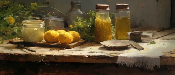 Still life with a glass jar of dandelion infused honey and buttercups on an old wooden table - Ai generated
