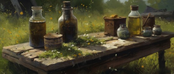 Vintage bottles and jars on the table in a rural outdoor garden with tall green grass in background - Ai generated