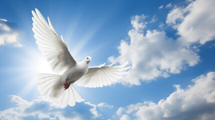 Fototapeta premium Flying white dove on a background of blue sky with white clouds. International Peace Day Concept, Generative AI