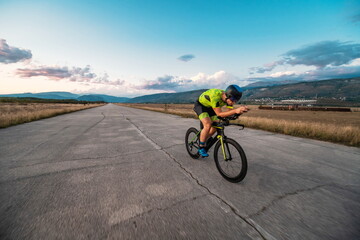  Triathlete riding his bicycle during sunset, preparing for a marathon. The warm colors of the sky provide a beautiful backdrop for his determined and focused effort.