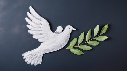 White dove with olive branch on a dark background. International Peace Day Concept, Generative AI