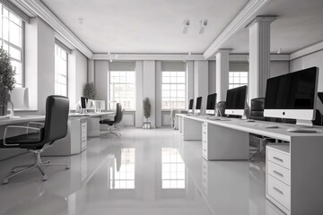 Fototapeta na wymiar Corner view on bright office room interior with computers, reception. Generative AI