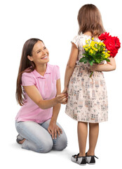 Woman and cute child with a bouquet of flowers