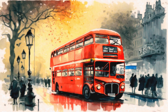 London vintage  double decker bus on the street. Watercolor painting. Ai generative