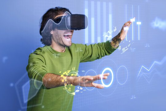 Poster template collage of young guy listen song playlist settings stereo sound on holographic dashboard with vr goggles