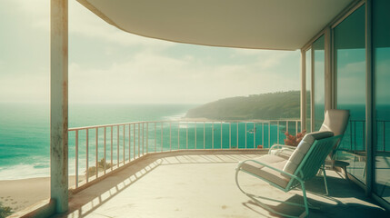 Fototapeta na wymiar Beachfront Vacation - a Large Cozy Balcony with a Breathtaking View of the Beach, Generative AI