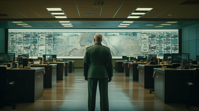 Leading the Charge - Army General Working in Modern War Room with Large Screens, Generative AI