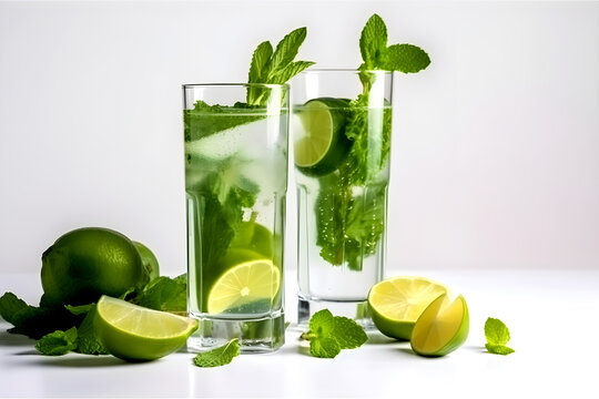 Mojito refreshing cocktail with ice and mint. AI generated