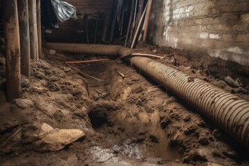 Pipe Running in Dirt Crawl Space Under House. Generative AI
