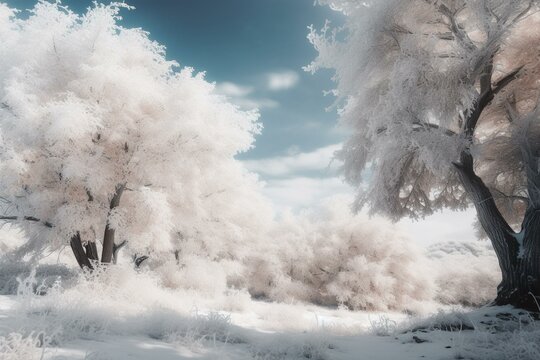 Image of snow-covered trees in winter is stunning. Generative AI