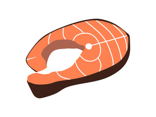 Salmon steak in flat style. Illustration of piece red fish isolated on white background. Fresh raw trout. Seafood vector illustration