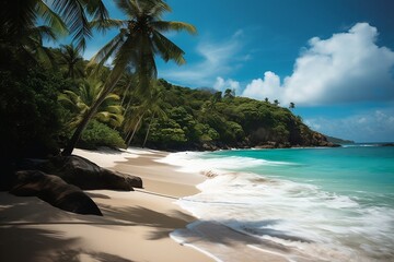Fototapeta na wymiar A breathtaking image of a tropical beach paradise, where crystal-clear turquoise waters gently lap against the pristine, white-sand shoreline (Generative AI)