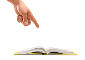 Opened book with business concept icons and hand making choice