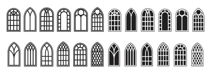 Gothic windows outline set. Silhouette of vintage stained glass church frames. Element of traditional european architecture. Vector