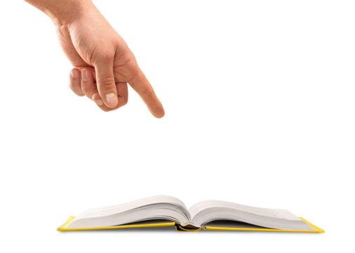 Opened book with business concept icons and hand making choice