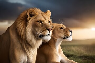 Male lion and lioness, Generative AI