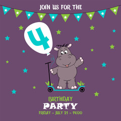 Obraz premium cute baby boy hippo on a scooter, birthday invitation, 4 years, join us for the birthday party