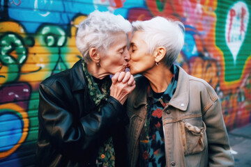 A senior lesbian couple kissing and celebrating their love on the street during Pride Day, Generative AI