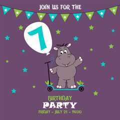 cute baby boy hippo on a scooter, birthday invitation, 7 years, join us for the birthday party