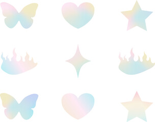 y2k trendy gradient stickers, butterfly, star, heart, 90s and 2000s style, nostalgia, glamorous, vector illustration