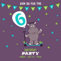 cute baby boy hippo on a scooter, birthday invitation, 6 years, join us for the birthday party