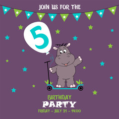 cute baby boy hippo on a scooter, birthday invitation, 5 years, join us for the birthday party