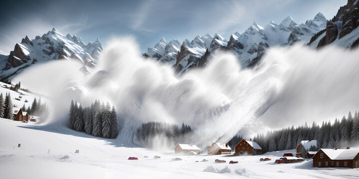 snow avalanche descends on the village. generative ai