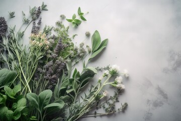  a bunch of different types of flowers on a white surface with green leaves and flowers on the side of the picture, and a few other flowers on the side of the table.  generative ai
