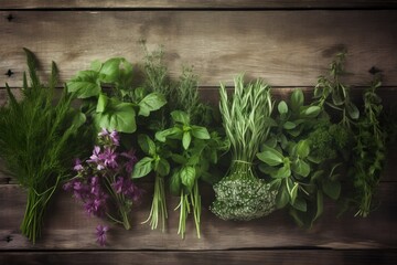  a bunch of different types of herbs on a wooden surface with a purple flower in the middle of the picture and a green leafy plant in the middle of the picture.  generative ai