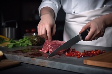  a person cutting meat on a cutting board with a knife and tomatoes on the side of the cutting board and a knife in the middle of the cutting board.  generative ai