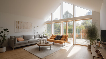  A living room of a beautiful bright modern Scandinavian style house with large windows opening, generative AI