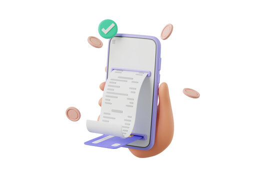 3D cartoon hand holding smartphone and credit card with bill payment, business finance and online shopping concept, 3D render illustration