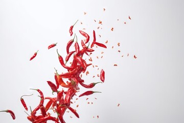 a group of red peppers falling into the air with a white background and a white sky in the background with a few red peppers falling off of the top.  generative ai