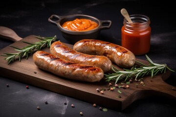  a couple of sausages on a cutting board next to a bowl of sauce and a spoon with a sprig of rosemary on it.  generative ai