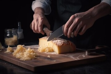  a person cutting cheese with a knife on a cutting board with other cheeses and a jar of salt in the background on a table.  generative ai