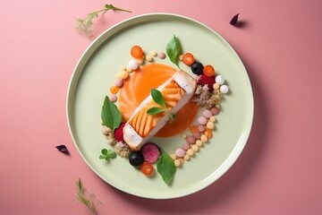  a plate with a dessert on it on a pink surface with leaves and flowers around it and a pink background with a pink background and white border.  generative ai