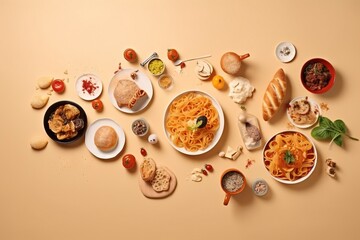 Obraz na płótnie Canvas a table topped with plates of food and bowls of food on top of a beige surface with a spoon and a fork next to it. generative ai