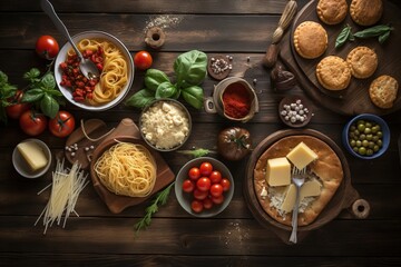 Obraz na płótnie Canvas a table topped with bowls of food and a plate of food on top of a wooden table next to a bowl of pasta and a plate of meat. generative ai